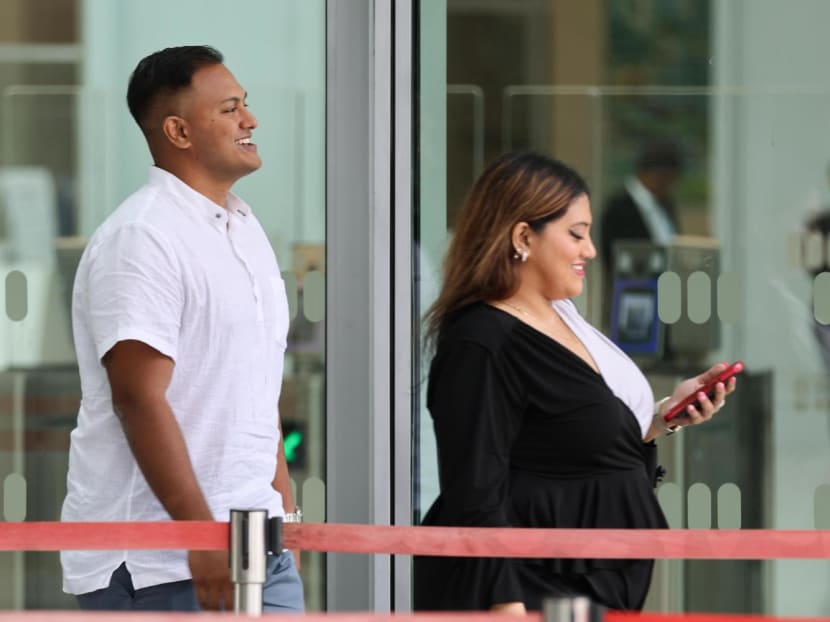 Subhas Nair (left) with his sister Preeti Nair (right), at State Courts on March 21, 2023.