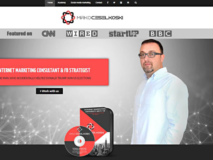 A screenshot from the English homepage of Mirko Ceselkoski, He became known for schooling Macedonian youth in the business of fake news and clickbait articles after the 2016 US presidential election.