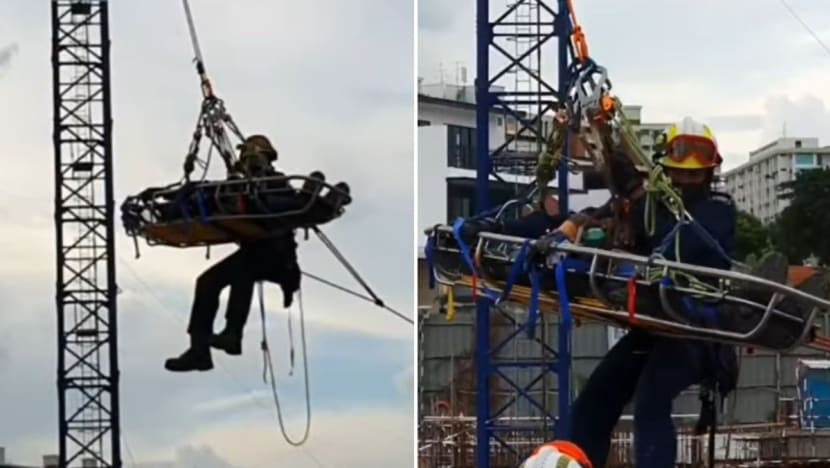 SCDF responders rescue injured worker from 40m-high crane