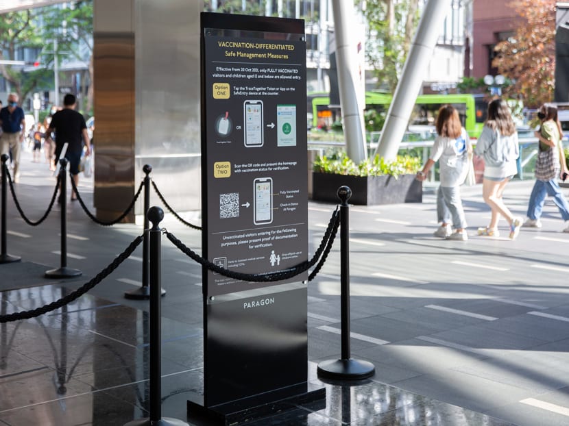 A signage outside a mall in February 2022 reminding patrons that they have to be fully vaccinated to enter, as part of Covid-19 regulations at that time. A signage outside a mall in February 2022 reminding patrons that they have to be fully vaccinated to enter, as part of Covid-19 regulations at that time.
