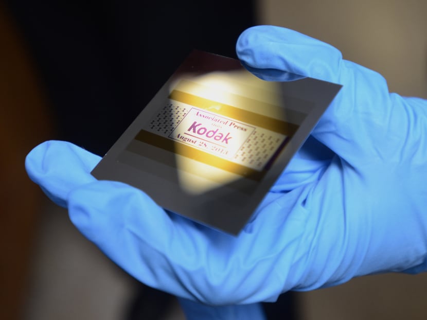 This Aug 28, 2013 photo shows an example of what a piece of silicon looks like with Kodak print inhibiting ink at Kodak research labs in Rochester, New York. Kodak print inhibiting ink is used for printing electronics. Photo: AP