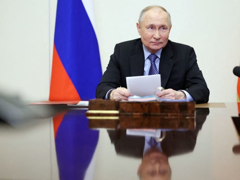 Russian President Vladimir Putin chairs a meeting with members of the Security Council via video link at the Novo-Ogaryovo state residence outside Moscow, Russia on Feb 13, 2024. 