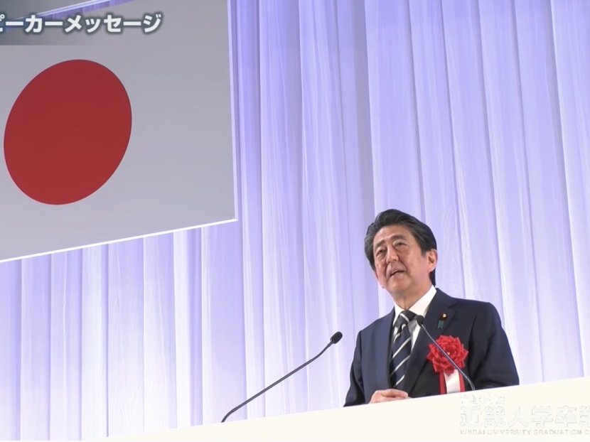 The late Shinzo Abe delivering a commencement speech at Kindai University's graduation ceremony on March 19, 2022. The late Shinzo Abe delivering a commencement speech at Kindai University's graduation ceremony on March 19, 2022.