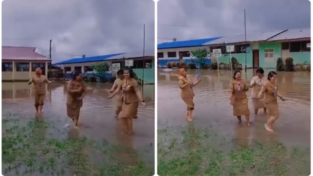 印尼学校遭遇水灾 校长老师水中起舞引争议