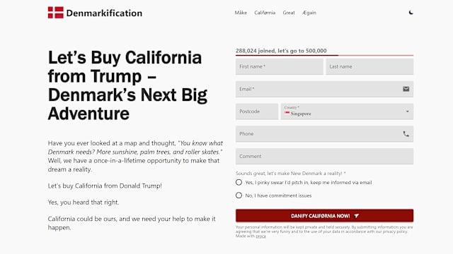丹麦民众联署请愿向美国买下加州 逾28万人签名
