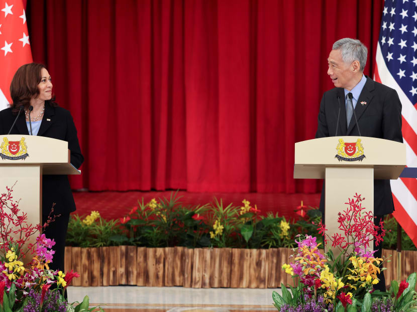 United States Vice President Kamala Harris and Singapore's Prime Minister Lee Hsien Loong hold a joint news conference in Singapore on Aug 23, 2021. United States Vice President Kamala Harris and Singapore's Prime Minister Lee Hsien Loong hold a joint news conference in Singapore on Aug 23, 2021.