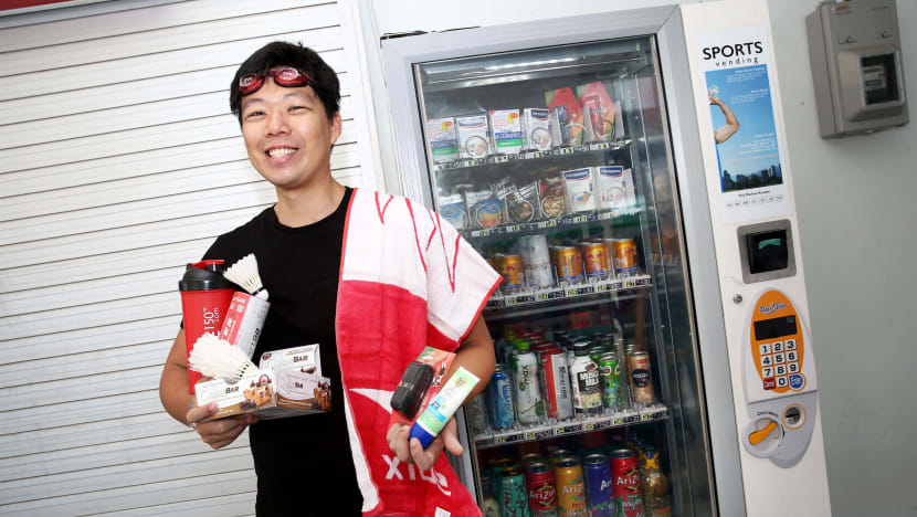 This vending machine sells protein bars and shuttlecocks