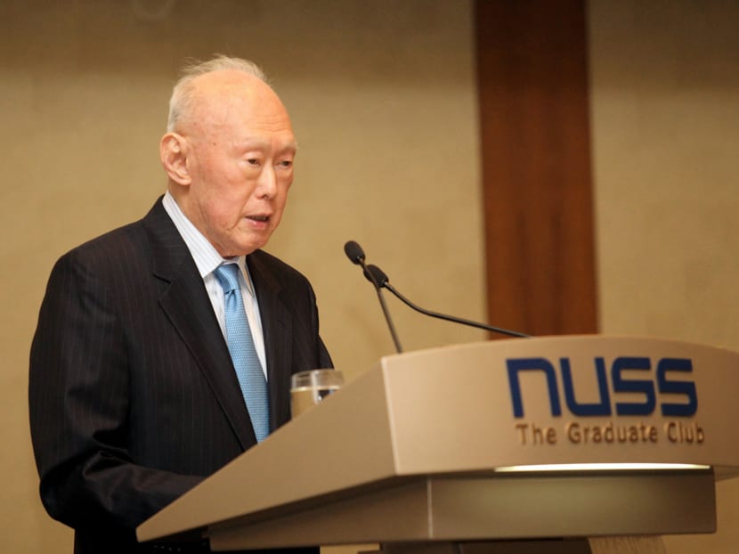 In this 2011 file photo, former Minister Mentor Mr Lee Kuan Yew gives a speech after being conferred an Honorary membership from the National University of Singapore Society (NUSS).  Photo: Syafiqah Hamid