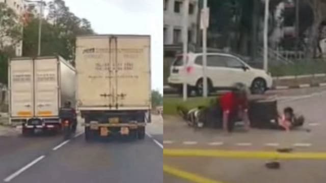 载着小孩还挤到两重型车之间 摩托车骑士和幼童被撞飞