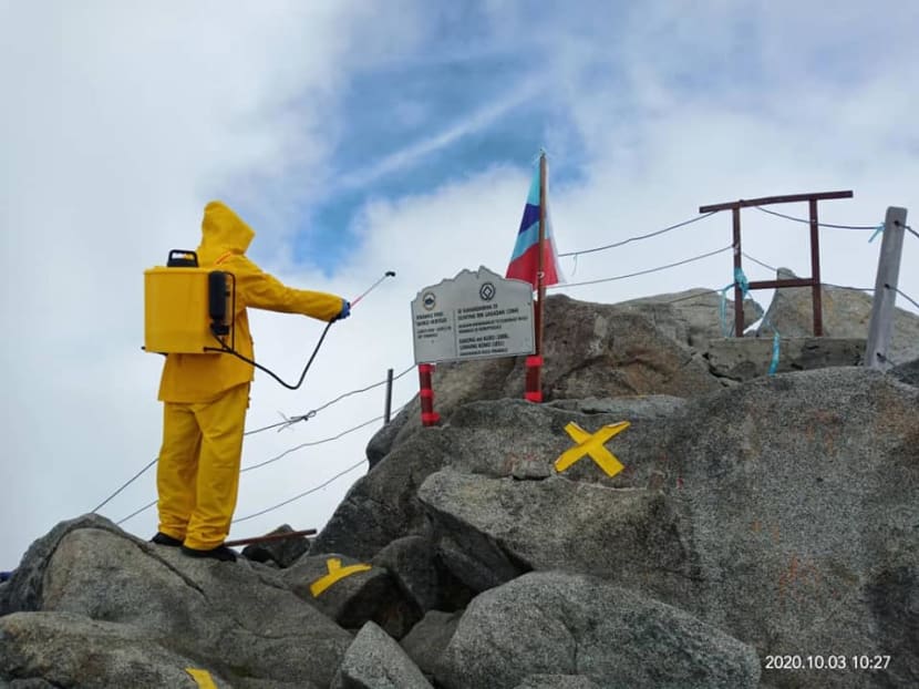 In a Facebook post, the Board of Trustees of Sabah Parks shared photos of the disinfection works at various locations in Kinabalu Park, including the mountain summit which is 4,095 metres above sea level. In a Facebook post, the Board of Trustees of Sabah Parks shared photos of the disinfection works at various locations in Kinabalu Park, including the mountain summit which is 4,095 metres above sea level.