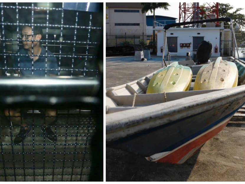 (Left) Former City Harvest Church fund manager Chew Eng Han, along with the motorised sampan he allegedly tried to flee Singapore in.