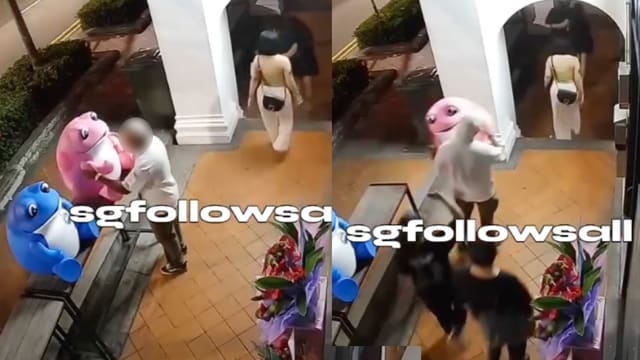 烧烤店外摆设巨型公仔 男子经过顺手牵羊