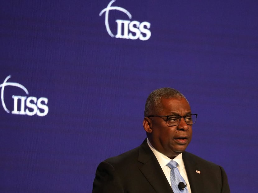 US Secretary of Defence Lloyd Austin speaking at the Shangri-La Dialogue on June 11, 2022.