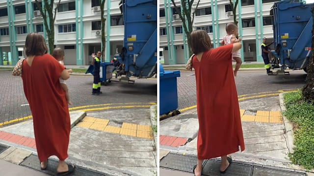 垃圾车上工作养家 妻子举起女儿面向丈夫：我们为你骄傲