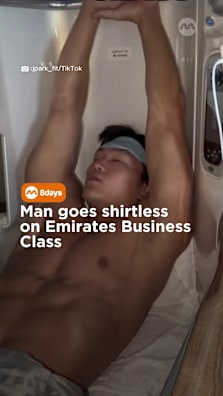 “It’s not your bedroom,” netizens say. But, did he really sleep topless, though? #8dayssg #8dayssgtrending #emirates #businessclass #grwm 
