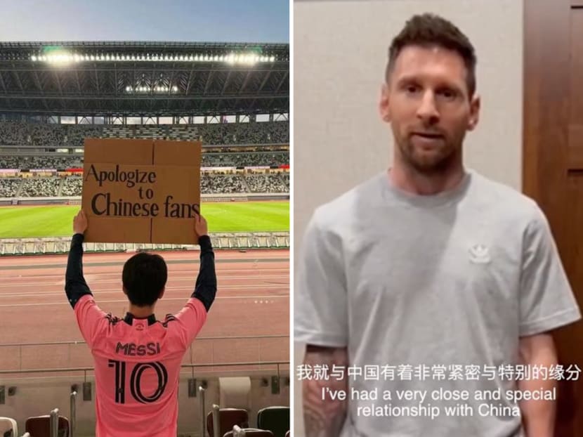 A fan wearing footballer Lionel Messi's jersey (left) holding up a sign that reads "Apologise to Chinese fans" at the National Stadium in Tokyo, Japan. Messi (right) responding in his official Weibo page to the outrage over his non-participation in Inter Miami FC's friendly match in Hong Kong.
