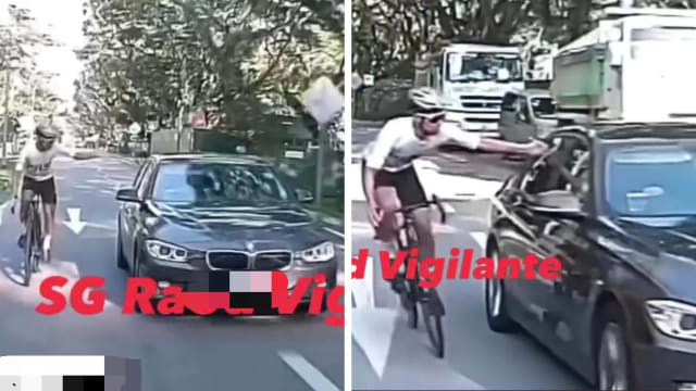 不满汽车突然切车道抢行 脚踏车骑士疾驶敲窗