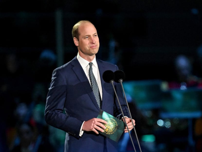 Britain's Prince William, Prince of Wales speaks on stage inside Windsor Castle grounds at the Coronation Concert, in Windsor, west of London on May 7, 2023