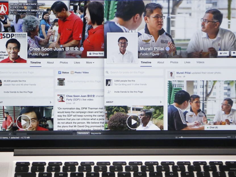 Bukit Batok candidates Chee Soon Juan (SDP)'s and Murali Pillai (PAP)'s official Facebook pages. Photo: Raj Nadarajan/TODAY