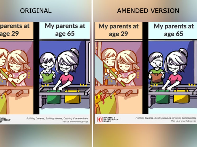 The left-hand panel, posted by HDB on its Facebook page in May, drew some comments suggesting both parents look like women. On Thursday (June 16), HDB amended the graphic, as shown in the right-hand panel, "to avoid misunderstanding". The left-hand panel, posted by HDB on its Facebook page in May, drew some comments suggesting both parents look like women. On Thursday (June 16), HDB amended the graphic, as shown in the right-hand panel, "to avoid misunderstanding".
