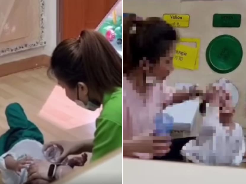 The teacher is seen in the videos forcing children to drink. The teacher is seen in the videos forcing children to drink.