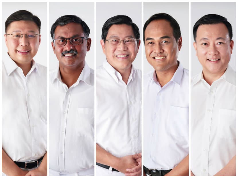 The People's Action Party's Aljunied GRC team. From left: Chua Eng Leong, K Muralidharan Pillai, Yeo Guat Kwang, Shamsul Kamar and Victor Lye. Photo: PAP
