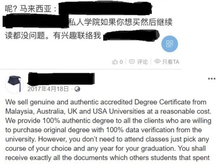 A screen shot of an online conversation The Malaysian Insight had with a syndicate member offering fraudulent degrees.
