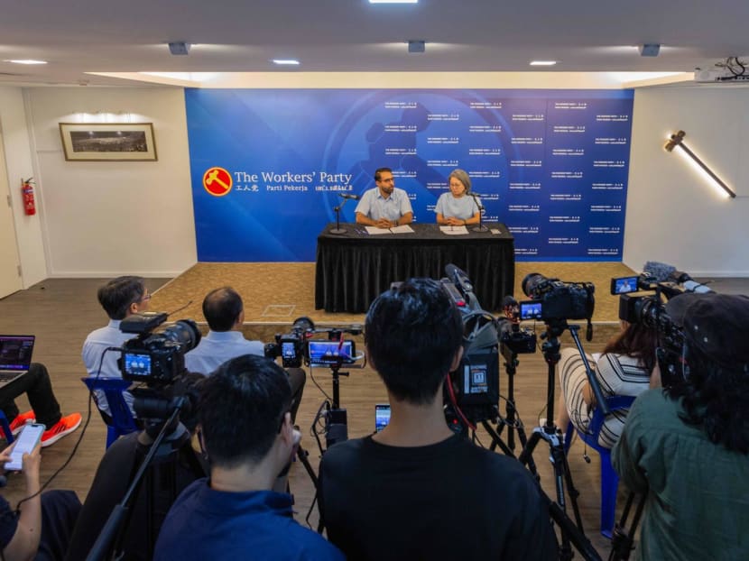 Leader of the Opposition Mr Pritam Singh (left) and chairwoman of the Worker's Party Ms Sylvia Lim (right) addressing the media at the Worker's Party HQ on July 19, 2023. Leader of the Opposition Mr Pritam Singh (left) and chairwoman of the Worker's Party Ms Sylvia Lim (right) addressing the media at the Worker's Party HQ on July 19, 2023.