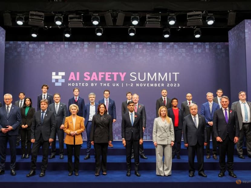 Dignitaries including President of the European Commission Ursula von der Leyen, U.S. Vice President Kamala Harris, Britain's Prime Minister Rishi Sunak and United Nations Secretary-General Antonio Guterres attending the AI Safety Summit in Bletchley Park, southern England, Nov 2, 2023. 