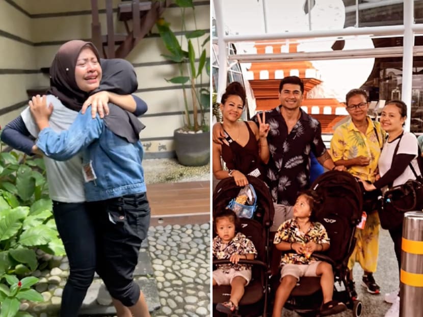 Domestic helper Zulae, 39, embraces her daughter after meeting her for the first time in three years in Bali, Indonesia (left). Zulae and her family pose for a picture with Singapore couple Theinesh Pac and his wife during their holiday in Bali (right). Domestic helper Zulae, 39, embraces her daughter after meeting her for the first time in three years in Bali, Indonesia (left). Zulae and her family pose for a picture with Singapore couple Theinesh Pac and his wife during their holiday in Bali (right).