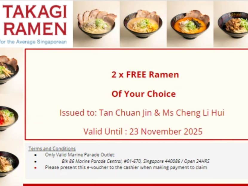 An advertisement by Takagi Ramen issuing an e-voucher for two free bowls of ramen to former MP Cheng Li Hui and former Speaker of Parliament Tan Chuan-Jin.