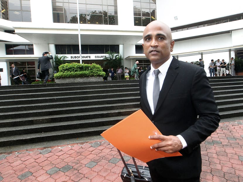 Lawyer M Ravi outside the Subordinate Courts. TODAY file photo