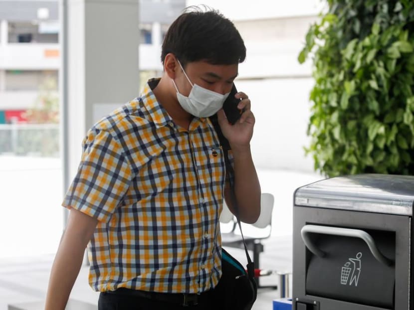 Alan Tham leaving the State Courts on April 7, 2020. He was sentenced to six weeks' jail for breaching his stay-home notice to have bak kut teh.