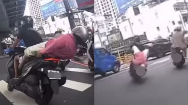 台青年骑摩托车急转弯 后座奶奶失重心后仰吓坏人