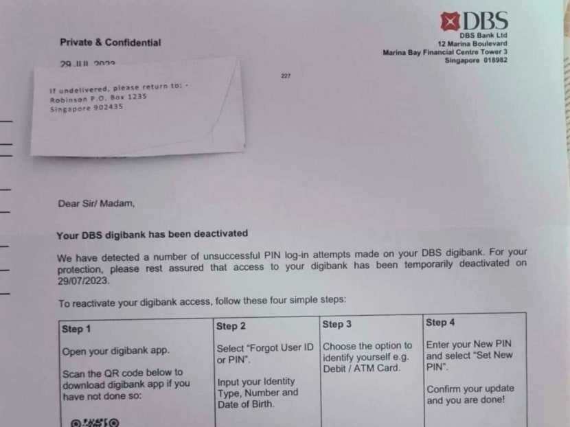 An image of a letter from DBS bank posted on Facebook group Singapore Taxi Driver.