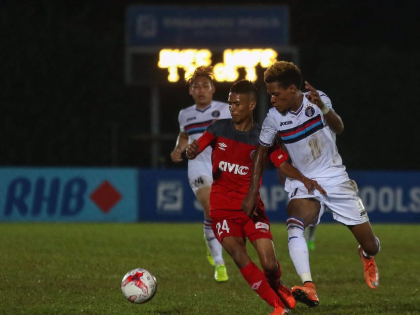 Warriors FC's forward Jordan Webb (right) was on the scoresheet as his team beat Balestier Khalsa 2-1 on Tuesday, Feb 28, 2017 at Toa Payoh Stadium. Photo: S.League