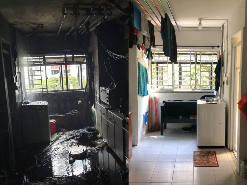 The interior of Mdm Sadiah’s kitchen in her temporary home (right) and her rental flat which burned down in July 2019 (left).