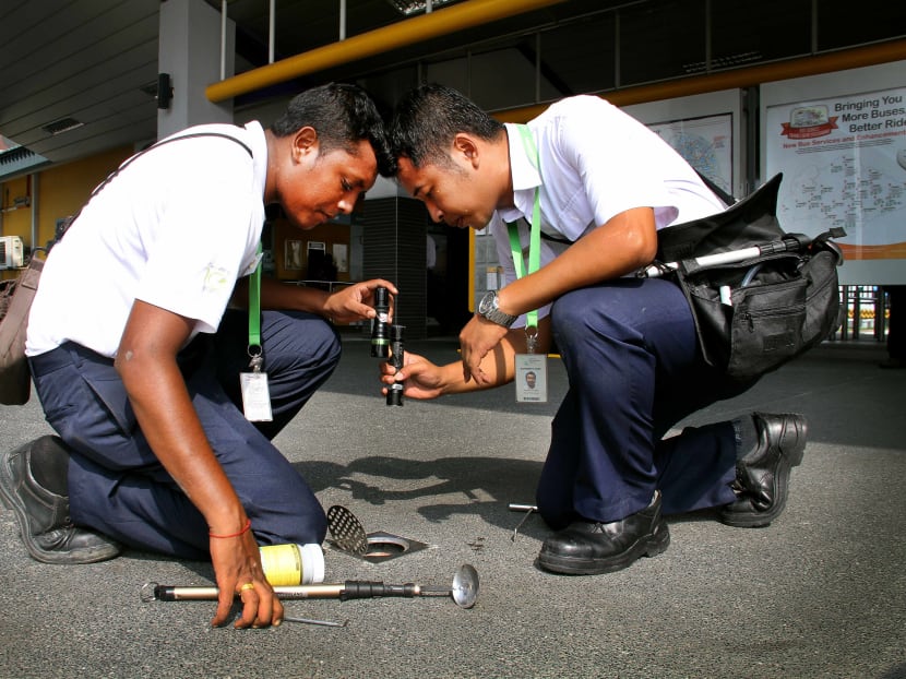 NEA officersdo a Dengue check at Tampines MRT station. The NEA pays particular attention to investigating areas where members of public congregate e.g. schools, places of worship, bus interchanges and MRT stations, playgrounds, markets, hawker centres, town centres, sports complexes and community centres, commercial premises and shophouses; and where there could be potentially large breeding habitats – construction sites and drains.
