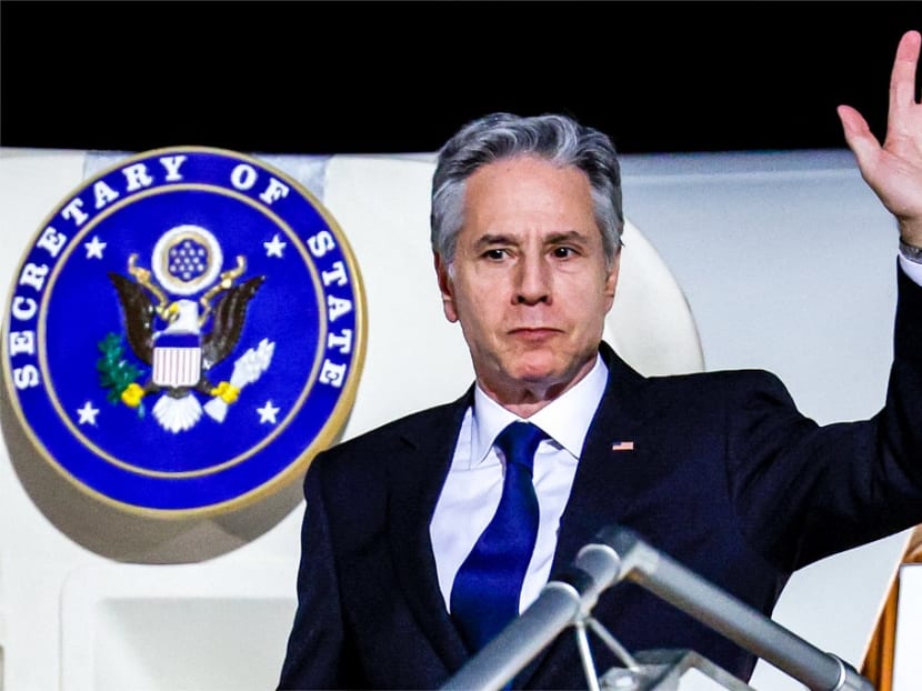 US Secretary of State Antony Blinken gestures as he arrives in Abu Dhabi on January 7, 2024, during his week-long trip aimed at calming tensions across the Middle East.