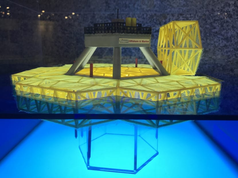 A model of Keppel Offshore and Marine's offshore aquamarine hub seen at a new exhibition at the URA Centre. Photo: Wong Pei Ting/TODAY