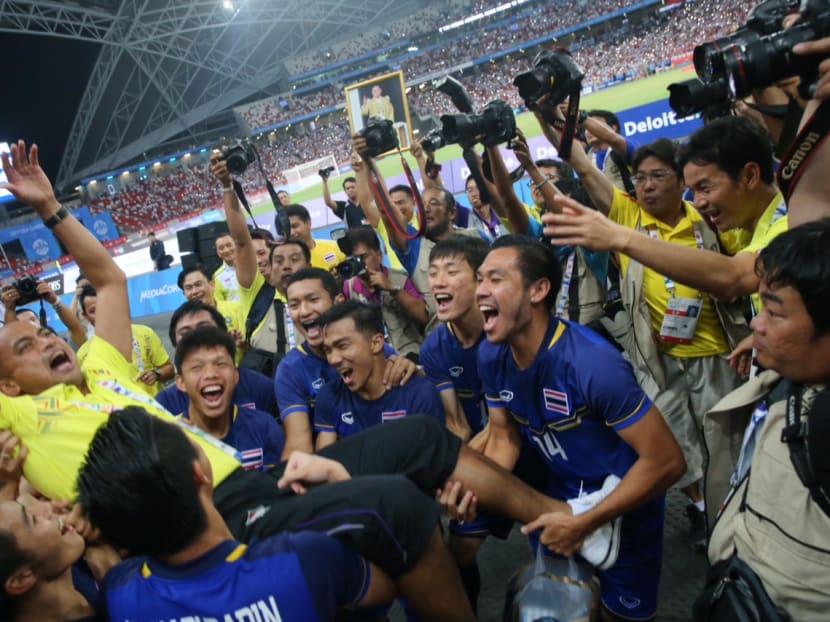 Thailand celebrating their SEA Games football Gold medal victory against Myanmar at the National Stadium. Photo: Don Wong/TODAY