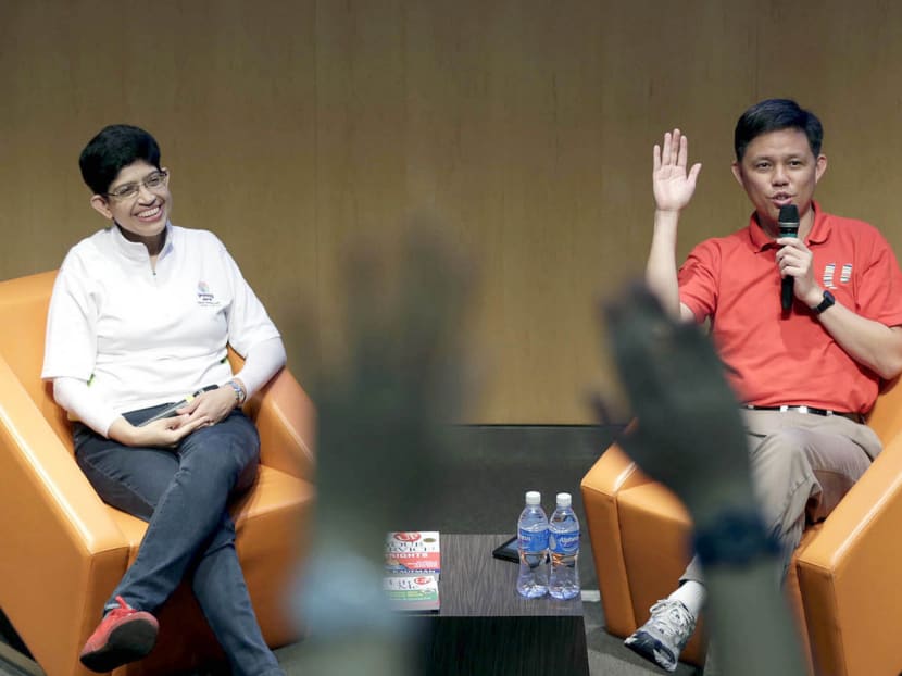 Minister Chan (right) and Assoc Prof Fatimah Lateef at the Lifelong Learning Institute, with the former reassuring participants that there is no lack of jobs here. Photo: Wee Teck Hian