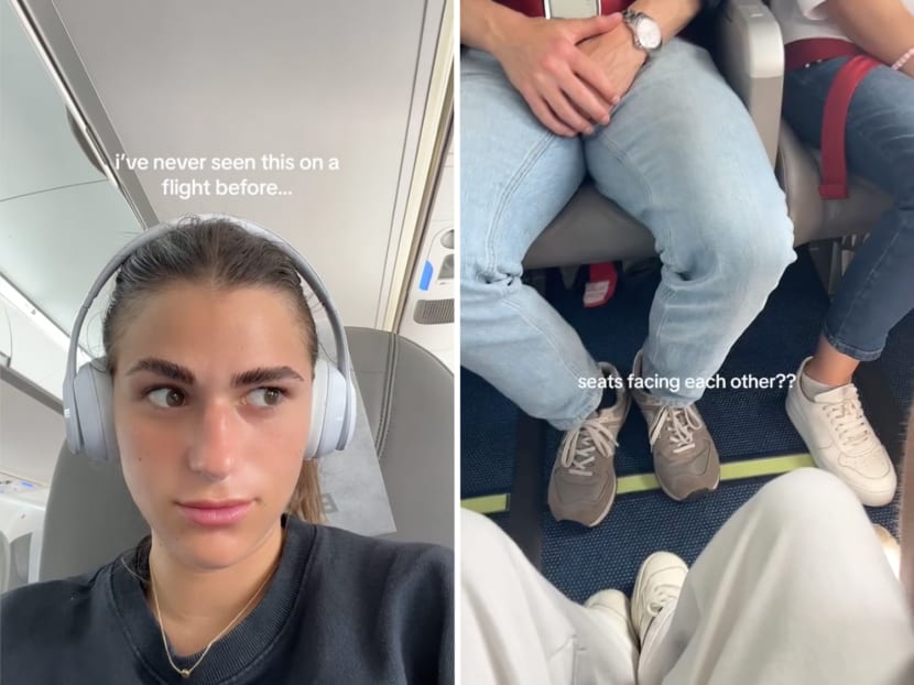 A viral TikTok video posted by travel influencer Megan Homme on July 13, 2023 shows two rows of plane seats arranged to face each other.