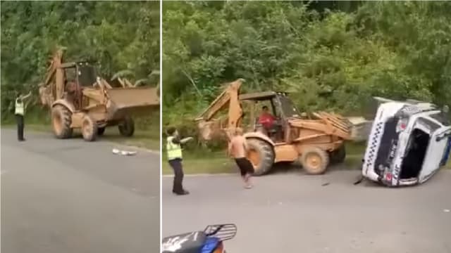 马国铲泥机操作员不满接罚单 踩油直铲执法员车