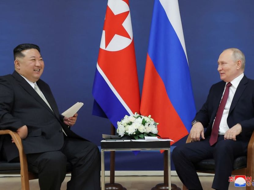 Russia's President Vladimir Putin and North Korea's leader Kim Jong Un attend a meeting at the Vostochny Cosmodrome in the far eastern Amur region, Russia, on Sept 13, 2023, in this image released by North Korea's Korean Central News Agency.
