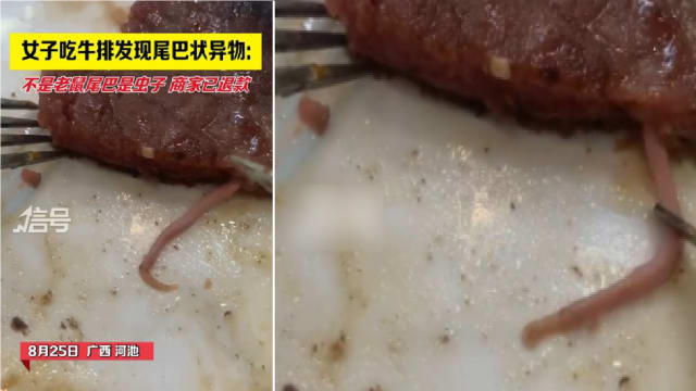 女子吃牛排惊见“长尾巴” 直呼“40年的饭要吐出来了”