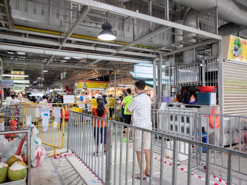 Barricades set up outside the wet market at Block 505 Jurong West Street 52 around 7am on April 22, 2020.