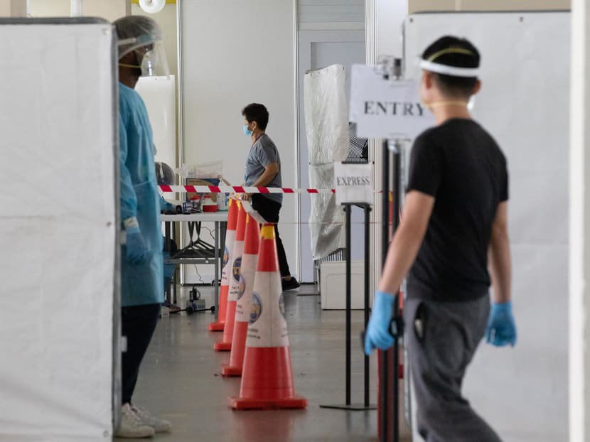 A makeshift Covid-19 swab test site at Block 89 Redhill Close on June 22, 2021. The Ministry of Health is working with the People’s Association to give out antigen rapid test kits to some residents in the area.