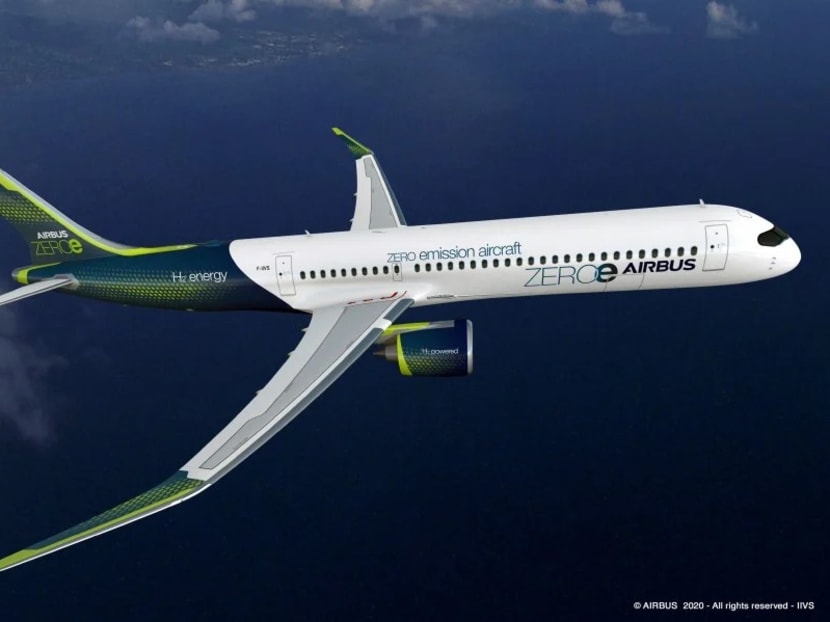 A computer-generated image released on September 21, 2020 by the European multinational aeronautics company Airbus shows a prototype of zero-emission hydrogen-powered aircraft.