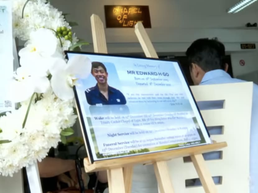 A sign at the wake of NSF firefighter Corporal Edward H Go on Dec 11, 2022.